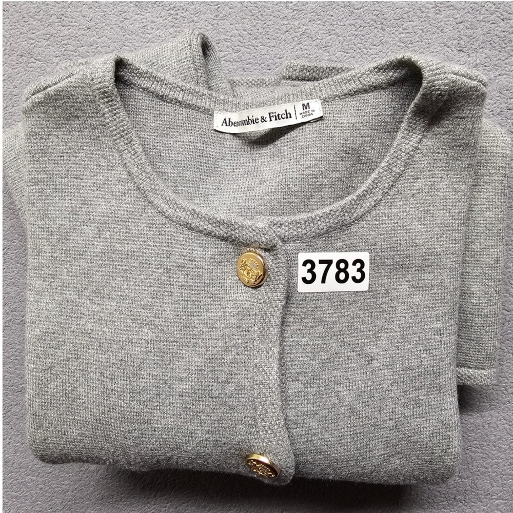 Abercrombie & Fitch Grey Cropped Cardigan Gold Crest Button Lady Jacket Size M - Picture 8 of 9